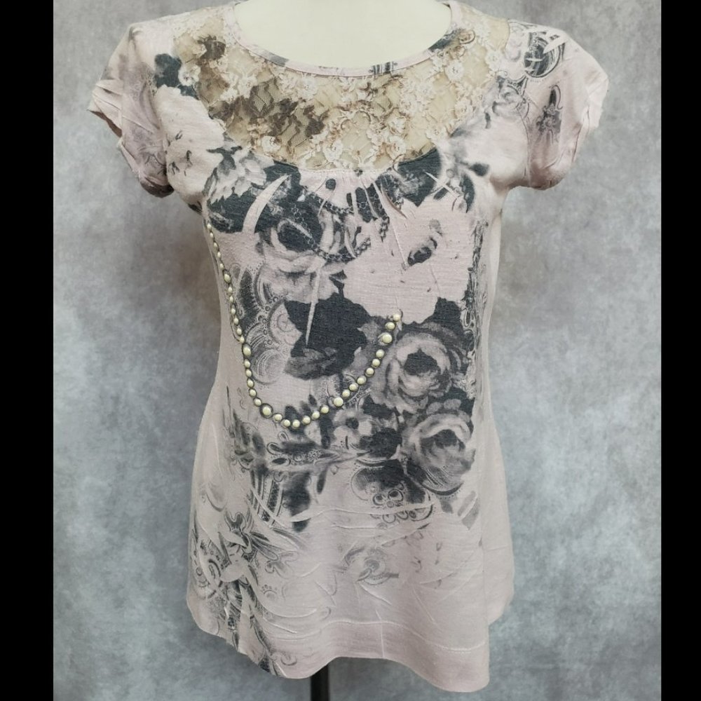 American Rag Cie 1984 Pale Pink Top with Lace Neckline, Size: L